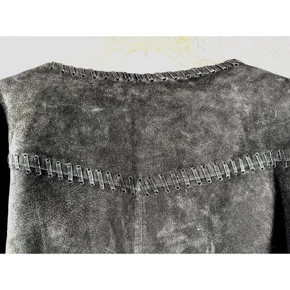 Faded Glory Ladies Leather Jacket L Black Fringe Tie Closure - Picture 15 of 16